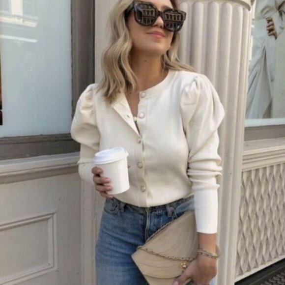 Zara Sweaters - Zara white puff sleeve button down cardigan chunky sweater